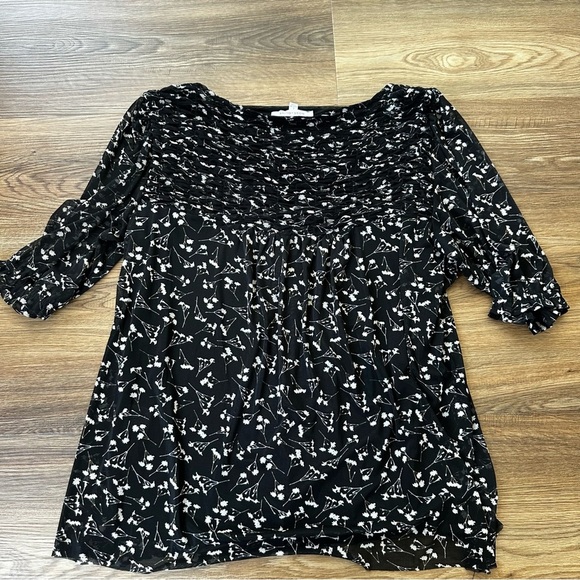 Rose & Olive Top Womens Large Sheer Layered Babydoll Blouse Black Floral Chiffon - Picture 6 of 8